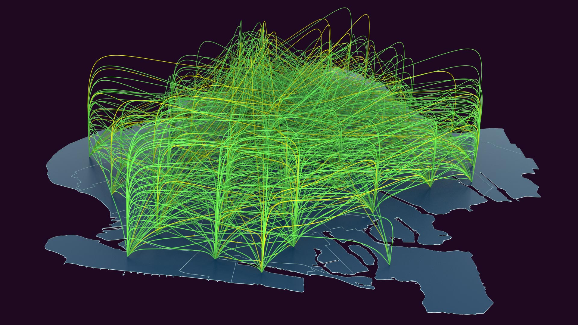 Ein Rendering der Datenlandschaft - Die Taxifahrten eines Tages Brooklyn.